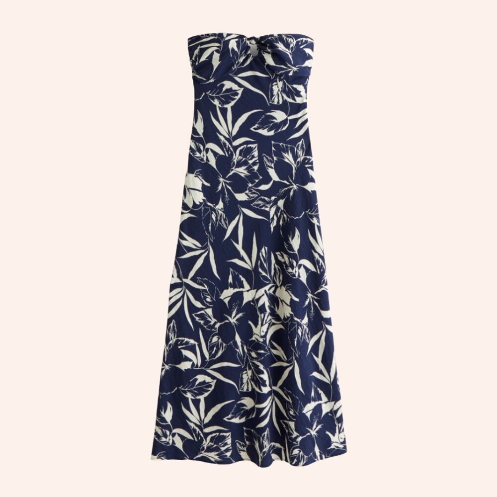Abercrombie & Fitch Navy Strapless Floral Midi Dress with White Print